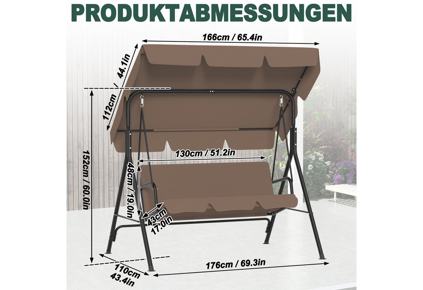 FIVMEN Hollywoodschaukel Gartenschaukel 3-Sitzer mit Verstellbarem Sonnendach weichem Kissen, 176x110x152cm, Metall Hängeschaukel mit Verstellbarem Sonnendach Liegefunktion Bild 4