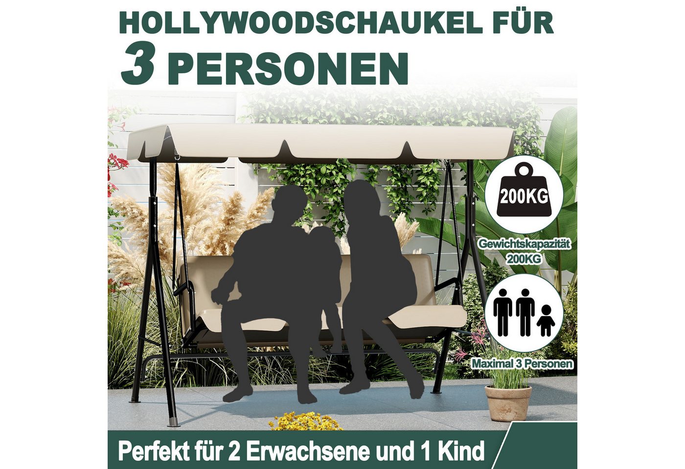 FIVMEN Hollywoodschaukel Gartenschaukel 3-Sitzer mit Verstellbarem Sonnendach weichem Kissen, 176x110x152cm, Metall Hängeschaukel mit Verstellbarem Sonnendach Liegefunktion Bild 5