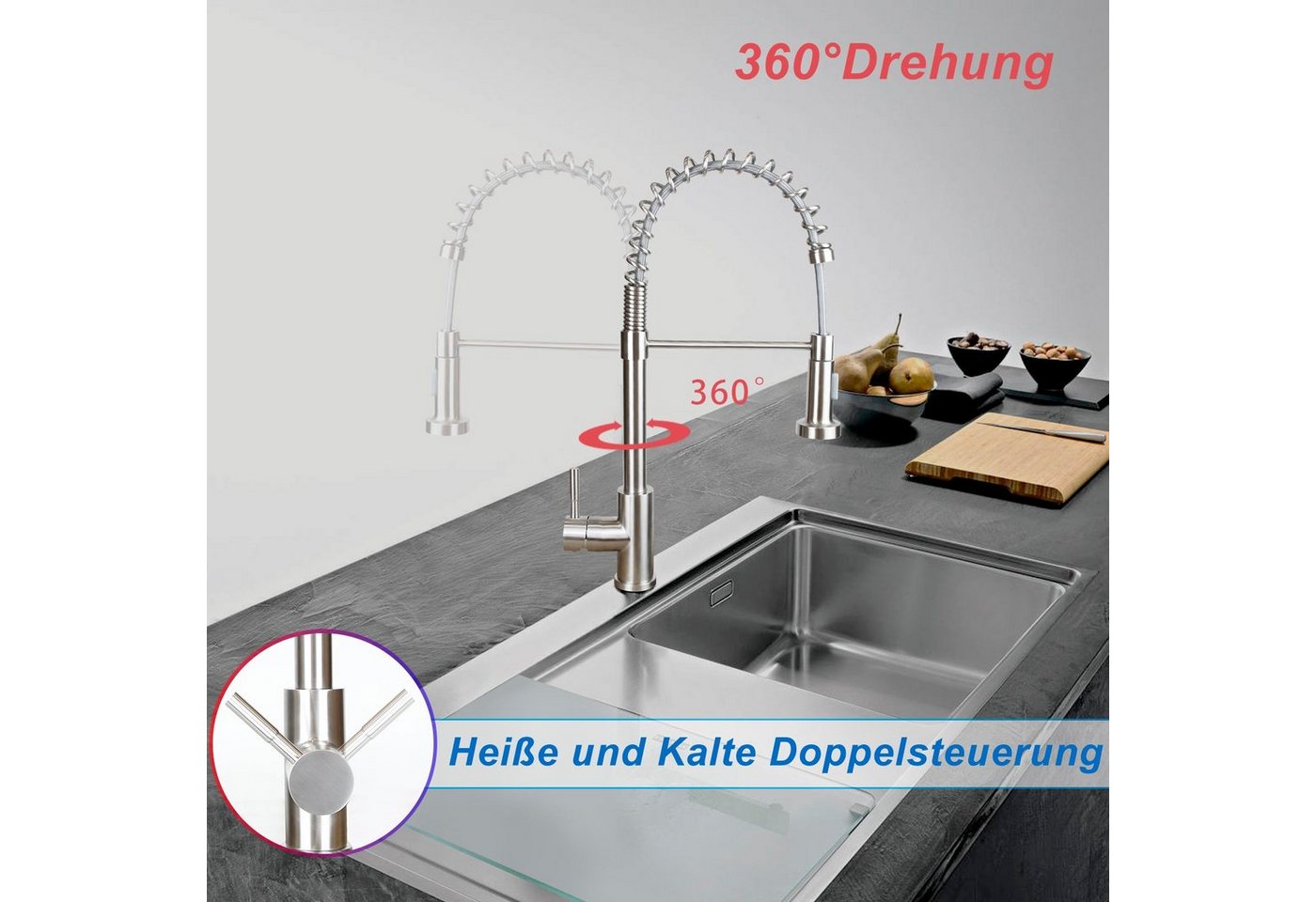 ZMH Küchenarmatur Küchenarmatur Schwarz mit ausziehbarer Brause, 360° und 2 Strahlarten (Set, Küchenarmatur mit Spiralfeder) Rostfreier Stahl, heißes und kaltes Wasser, Spiralfeder