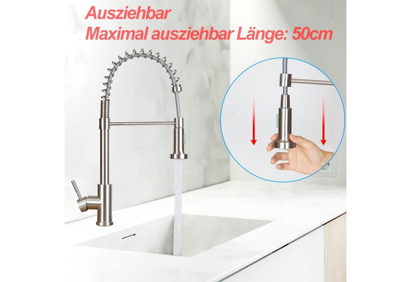 ZMH Küchenarmatur Küchenarmatur Schwarz mit ausziehbarer Brause, 360° und 2 Strahlarten (Set, Küchenarmatur mit Spiralfeder) Rostfreier Stahl, heißes und kaltes Wasser, Spiralfeder Bild 2