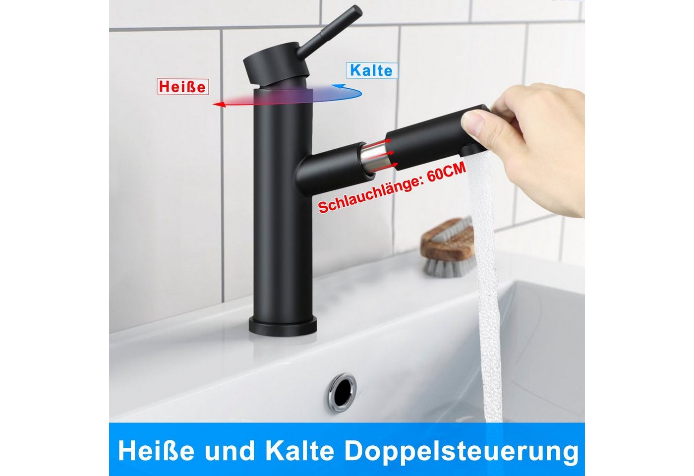 ZMH Waschtischarmatur Bad Schwarz Wasserhahn Ausziehbar Brause Mischbatterie Küche (Set, Wachtischarmtur) Einhebelmischer, 3/8-Zoll-Anschluss,ausziehbare Braus