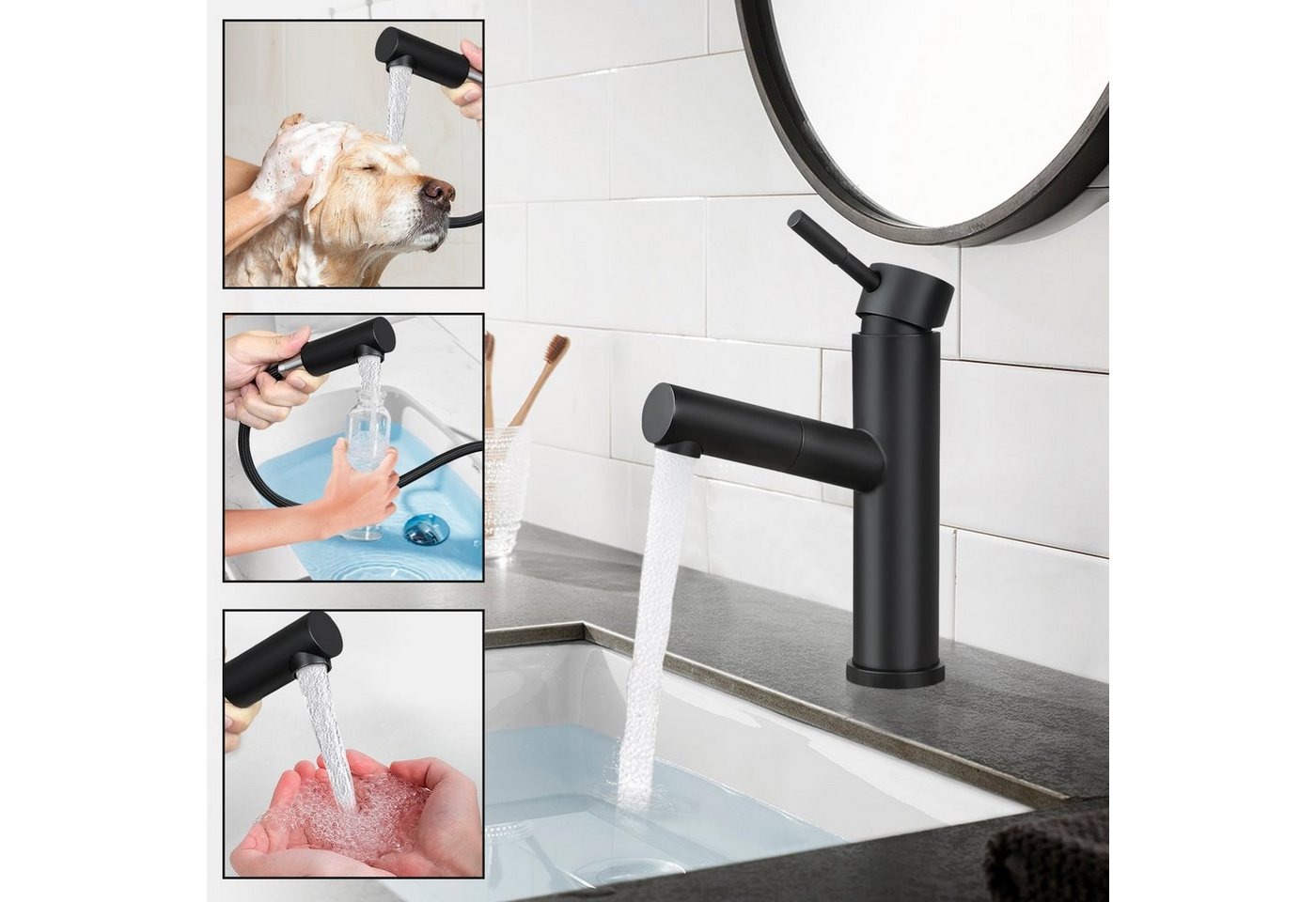 ZMH Waschtischarmatur Bad Schwarz Wasserhahn Ausziehbar Brause Mischbatterie Küche (Set, Wachtischarmtur) Einhebelmischer, 3/8-Zoll-Anschluss,ausziehbare Braus Bild 2