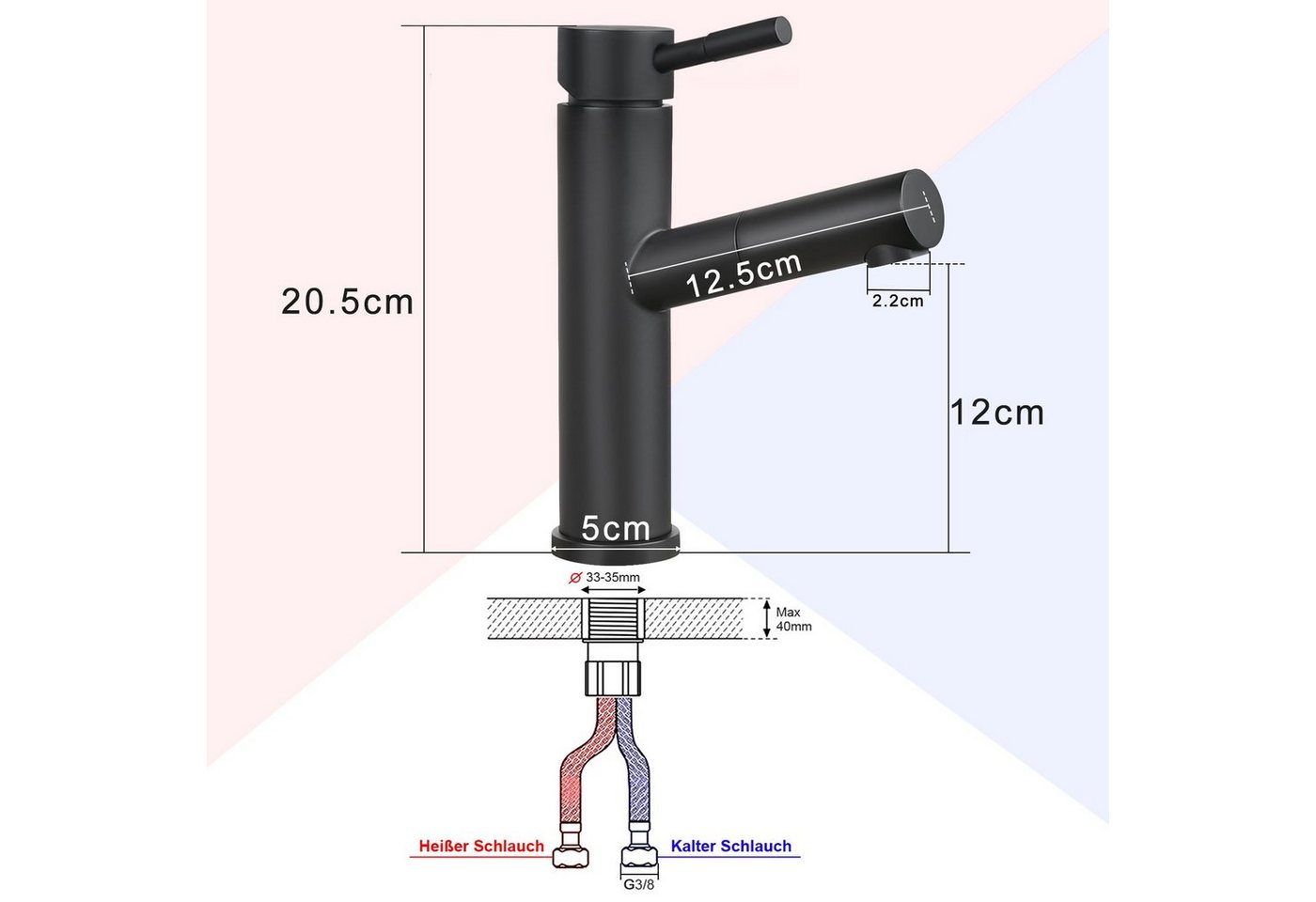 ZMH Waschtischarmatur Bad Schwarz Wasserhahn Ausziehbar Brause Mischbatterie Küche (Set, Wachtischarmtur) Einhebelmischer, 3/8-Zoll-Anschluss,ausziehbare Braus Bild 4