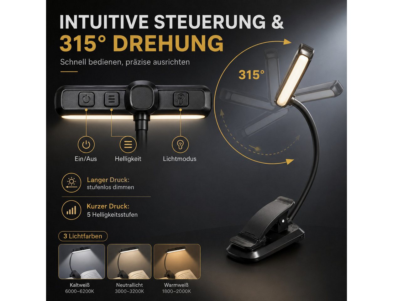 Fyrove LED Leselampe LED Leselampe mit Klemme, 24 LEDs, 3 Lichtfarben 5 Helligkeitsstufen, stufenlos dimmbar, 1000 mAh Akku, USB-C, 315° drehbare Klemmleuchte, Nachtlicht für Bett, Buch, Schreibtisch, Reise, Geschenk Bild 2
