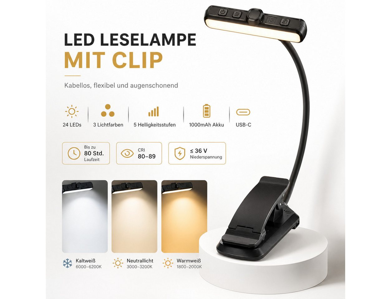 Fyrove LED Leselampe LED Leselampe mit Klemme, 24 LEDs, 3 Lichtfarben 5 Helligkeitsstufen, stufenlos dimmbar, 1000 mAh Akku, USB-C, 315° drehbare Klemmleuchte, Nachtlicht für Bett, Buch, Schreibtisch, Reise, Geschenk Bild 3
