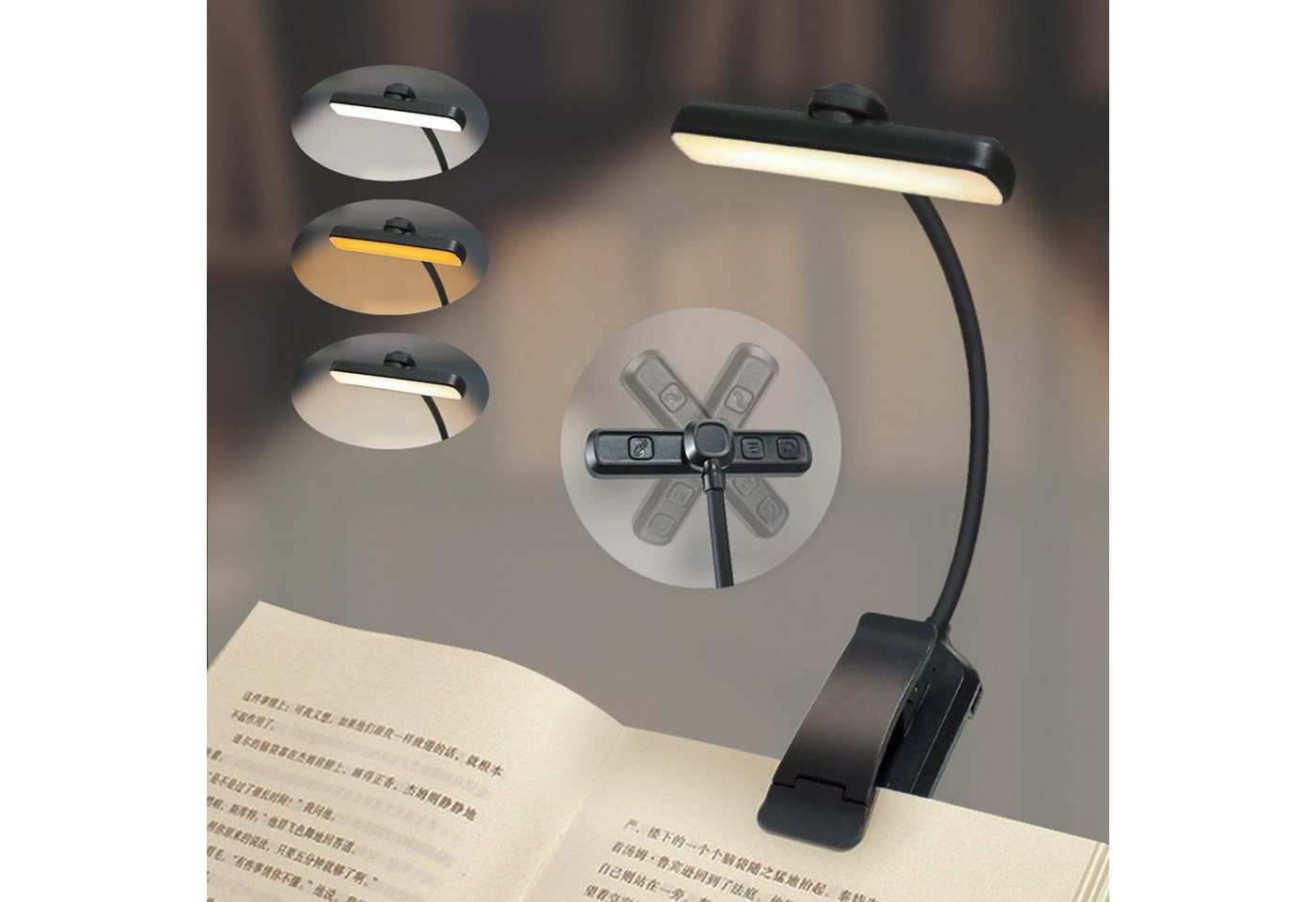 Fyrove LED Leselampe LED Leselampe mit Klemme, 24 LEDs, 3 Lichtfarben 5 Helligkeitsstufen, stufenlos dimmbar, 1000 mAh Akku, USB-C, 315° drehbare Klemmleuchte, Nachtlicht für Bett, Buch, Schreibtisch, Reise, Geschenk Bild 4