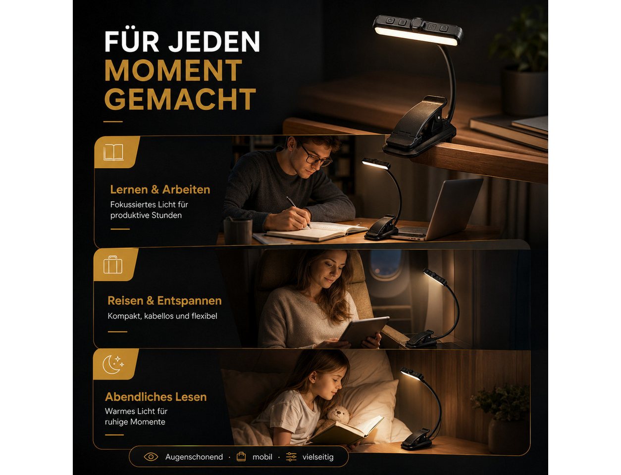 Fyrove LED Leselampe LED Leselampe mit Klemme, 24 LEDs, 3 Lichtfarben 5 Helligkeitsstufen, stufenlos dimmbar, 1000 mAh Akku, USB-C, 315° drehbare Klemmleuchte, Nachtlicht für Bett, Buch, Schreibtisch, Reise, Geschenk Bild 5