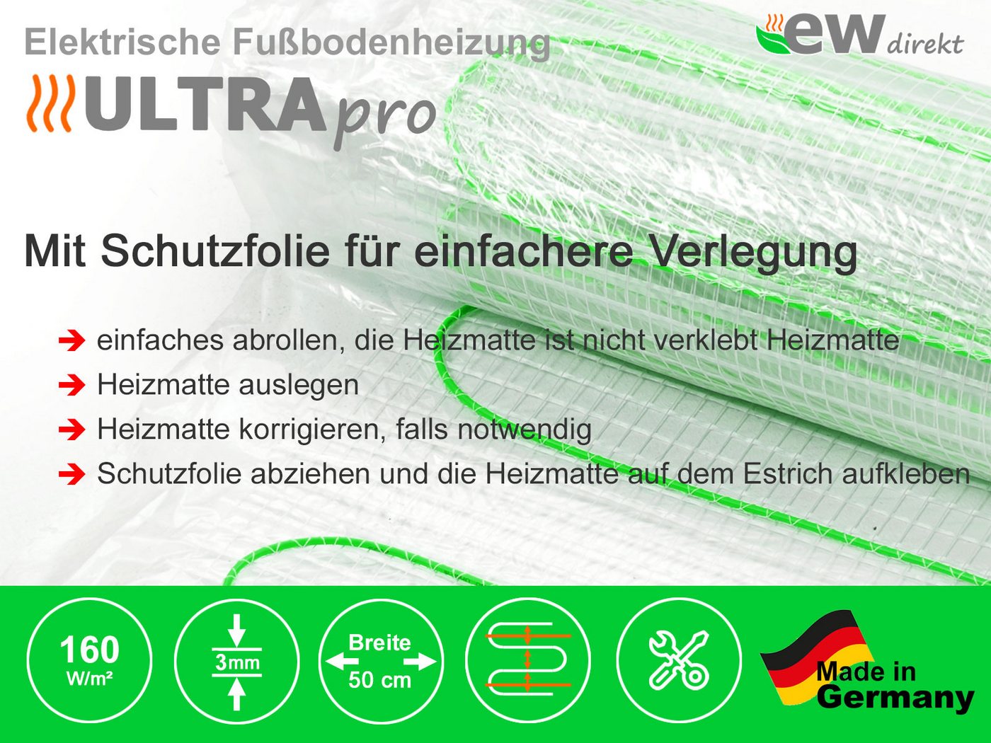 ewdirekt Fußbodenheizung UltraPro 160 für Fliesen mit smartem Thermostat RT-70 WLAN Tuya