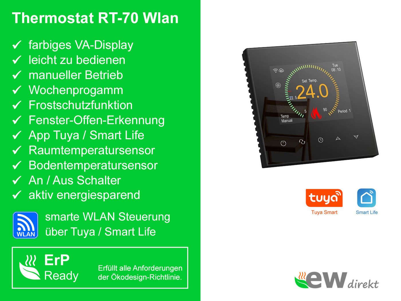 ewdirekt Fußbodenheizung UltraPro 160 für Fliesen mit smartem Thermostat RT-70 WLAN Tuya Bild 4