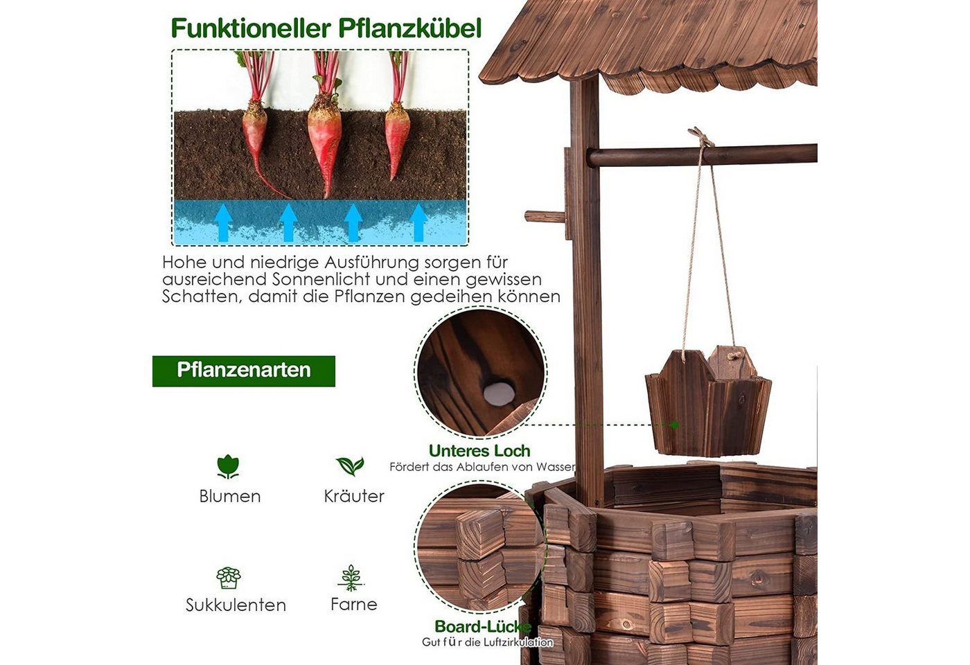 KOMFOTTEU Gartenbrunnen Wunschbrunnen mit Dach, aus Tannenholz, Garten Dekoration Bild 2