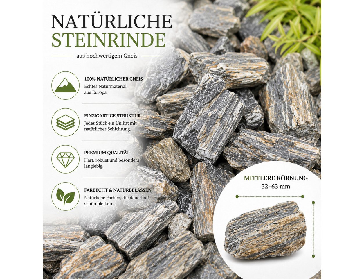 Best for Garden Kieselsteine Steinrindengneis (32-63mm) – Naturstein für die Landschaftsgestaltung, (Zierkies / Naturstein Dekosteine, 1 St., Naturstein Steinrinde Gneis 25 kg Sack), Naturprodukt,wetterfest & frostbeständig,dekorative Flussstein-Optik Bild 2