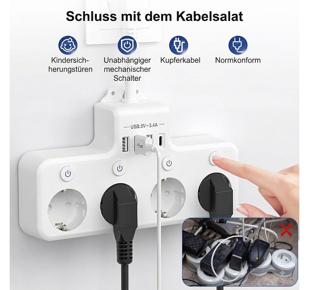 Heqishun 4-fach Steckdosenleiste mit 3 USB-A, USB-C und 4 Schaltern Mehrfachsteckdose 4-fach (3 USB-A-Anschlüsse, 1 USB-C-Anschluss, Überstromschutz, Kurzschlussschutz, 4 Steckdosen, Überlastschutz, 4 unabhängige Schalter, Kindersicherung, Überspannungsschutz, Überstromschutz, Kurzschlussschutz, Überlastschutz, Kindersicherung, Überspannungsschutz, Kabellänge 0,1 m), 4 Steckdosen, 3 USB-A, 1 USB-C, 4 Schalter, Kindersicherung