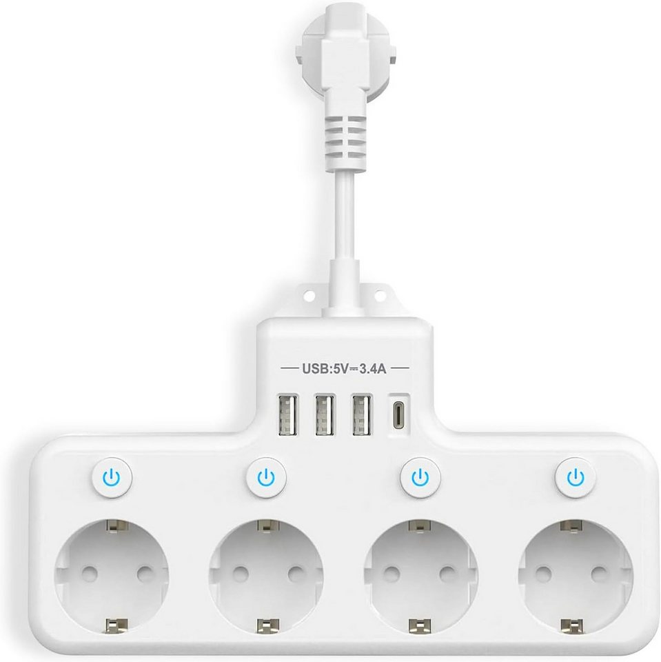 Heqishun 4-fach Steckdosenleiste mit 3 USB-A, USB-C und 4 Schaltern Mehrfachsteckdose 4-fach (3 USB-A-Anschlüsse, 1 USB-C-Anschluss, Überstromschutz, Kurzschlussschutz, 4 Steckdosen, Überlastschutz, 4 unabhängige Schalter, Kindersicherung, Überspannungsschutz, Überstromschutz, Kurzschlussschutz, Überlastschutz, Kindersicherung, Überspannungsschutz, Kabellänge 0,1 m), 4 Steckdosen, 3 USB-A, 1 USB-C, 4 Schalter, Kindersicherung Bild 2