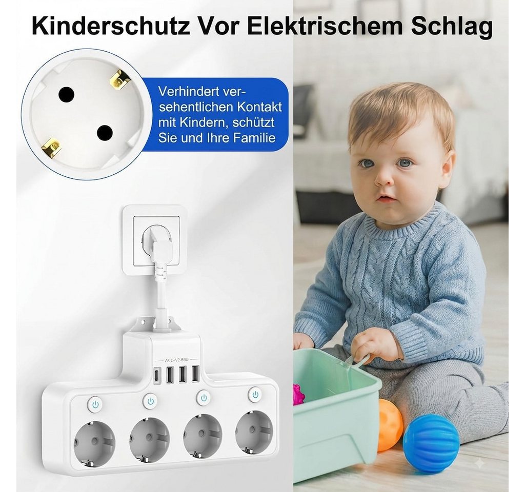 Heqishun 4-fach Steckdosenleiste mit 3 USB-A, USB-C und 4 Schaltern Mehrfachsteckdose 4-fach (3 USB-A-Anschlüsse, 1 USB-C-Anschluss, Überstromschutz, Kurzschlussschutz, 4 Steckdosen, Überlastschutz, 4 unabhängige Schalter, Kindersicherung, Überspannungsschutz, Überstromschutz, Kurzschlussschutz, Überlastschutz, Kindersicherung, Überspannungsschutz, Kabellänge 0,1 m), 4 Steckdosen, 3 USB-A, 1 USB-C, 4 Schalter, Kindersicherung Bild 3