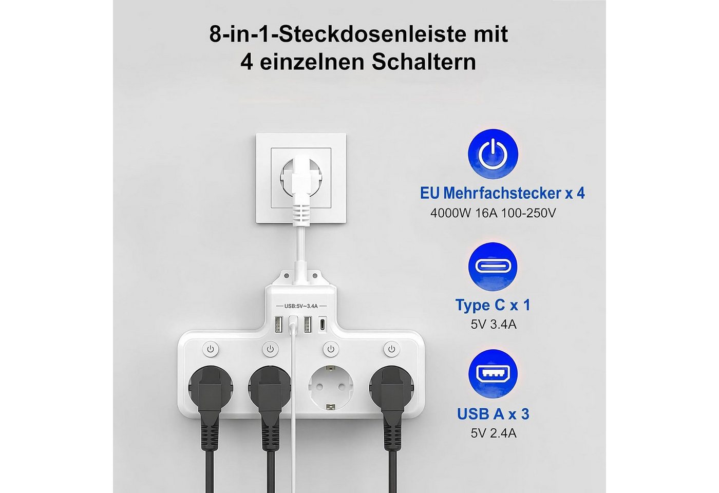 Heqishun 4-fach Steckdosenleiste mit 3 USB-A, USB-C und 4 Schaltern Mehrfachsteckdose 4-fach (3 USB-A-Anschlüsse, 1 USB-C-Anschluss, Überstromschutz, Kurzschlussschutz, 4 Steckdosen, Überlastschutz, 4 unabhängige Schalter, Kindersicherung, Überspannungsschutz, Überstromschutz, Kurzschlussschutz, Überlastschutz, Kindersicherung, Überspannungsschutz, Kabellänge 0,1 m), 4 Steckdosen, 3 USB-A, 1 USB-C, 4 Schalter, Kindersicherung Bild 5