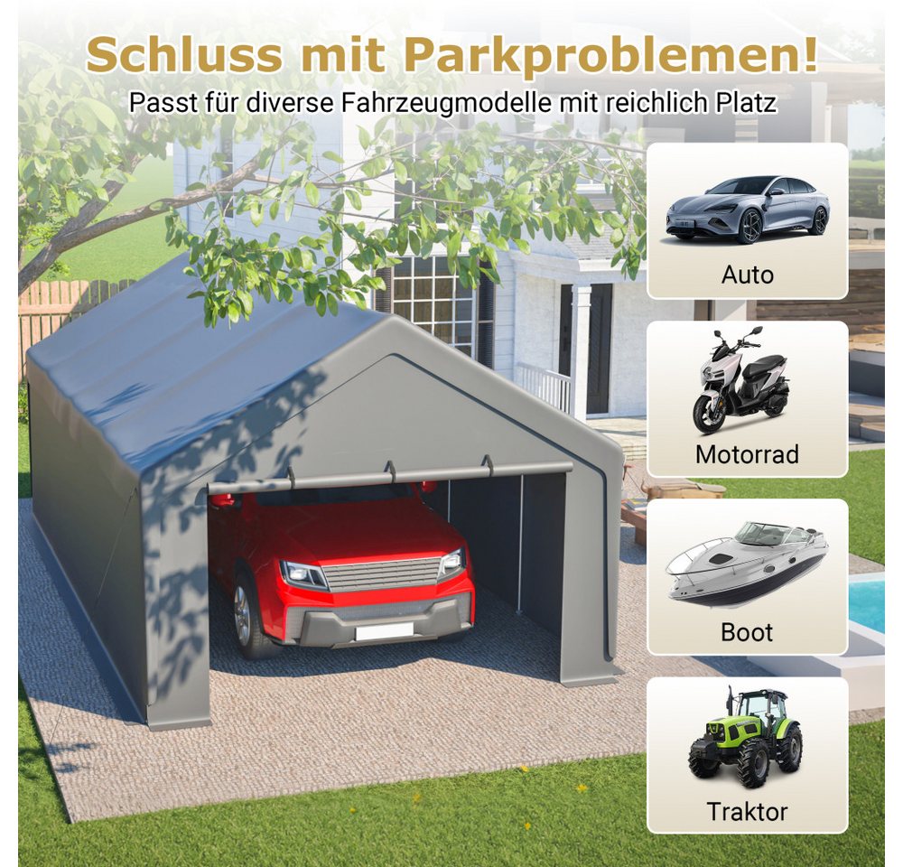 BBWL Einzelcarport mit verzinktem Stahlrahmen, wasserdichter UV Plane & Fenstern, BxT: 400x765 cm, 13x25 Carport Auto Garage – Schwerlast Unterstand Bild 2
