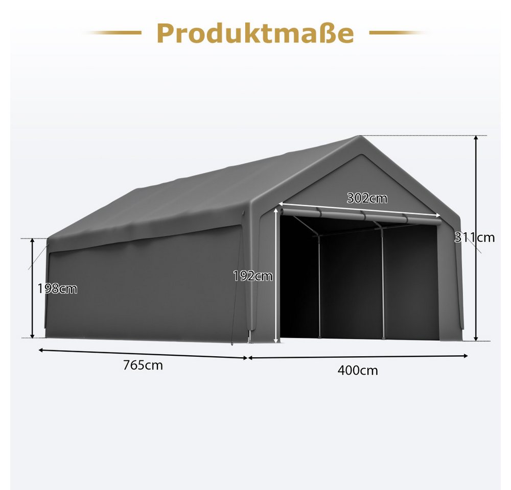 BBWL Einzelcarport mit verzinktem Stahlrahmen, wasserdichter UV Plane & Fenstern, BxT: 400x765 cm, 13x25 Carport Auto Garage – Schwerlast Unterstand Bild 3
