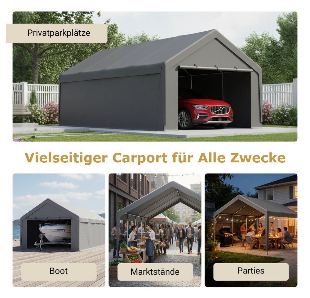 BBWL Einzelcarport mit verzinktem Stahlrahmen, wasserdichter UV Plane & Fenstern, BxT: 400x765 cm, 13x25 Carport Auto Garage – Schwerlast Unterstand Bild 4