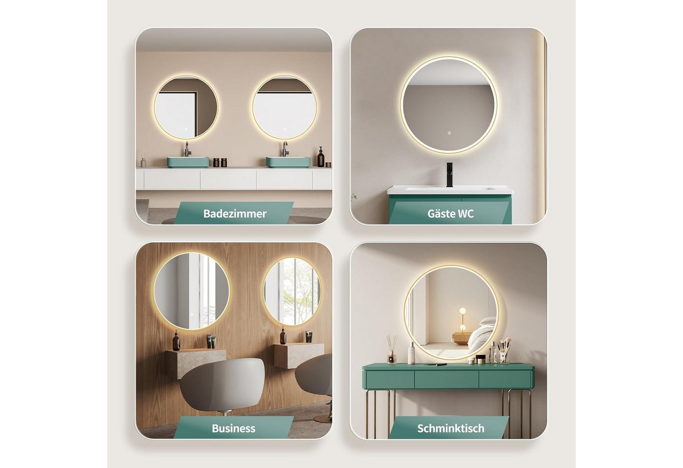 HOKO Badspiegel rund mit LED Beleuchtung und Memory Funktion (60 cm Wandspiegel mit goldenem Aluminiumrahmen, mit Touch-Schalter und stufenlosem Farbwechsel von 2700 bis 6500 K), für Bad, Gäste-WC, Schminktisch, Ankleide und Hotel-Zimmer, IP44, Pisa