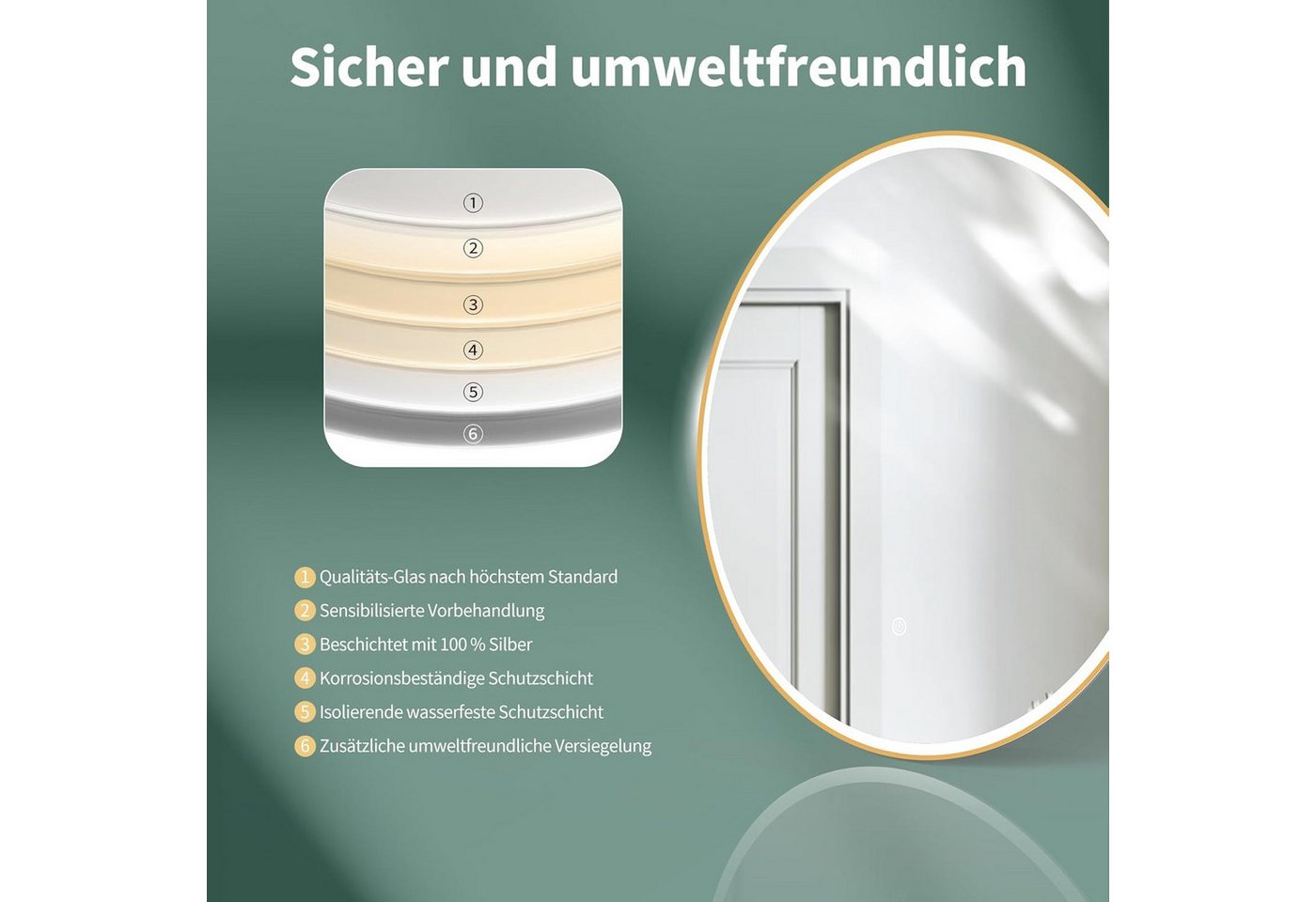 HOKO Badspiegel rund mit LED Beleuchtung und Memory Funktion (60 cm Wandspiegel mit goldenem Aluminiumrahmen, mit Touch-Schalter und stufenlosem Farbwechsel von 2700 bis 6500 K), für Bad, Gäste-WC, Schminktisch, Ankleide und Hotel-Zimmer, IP44, Pisa Bild 2