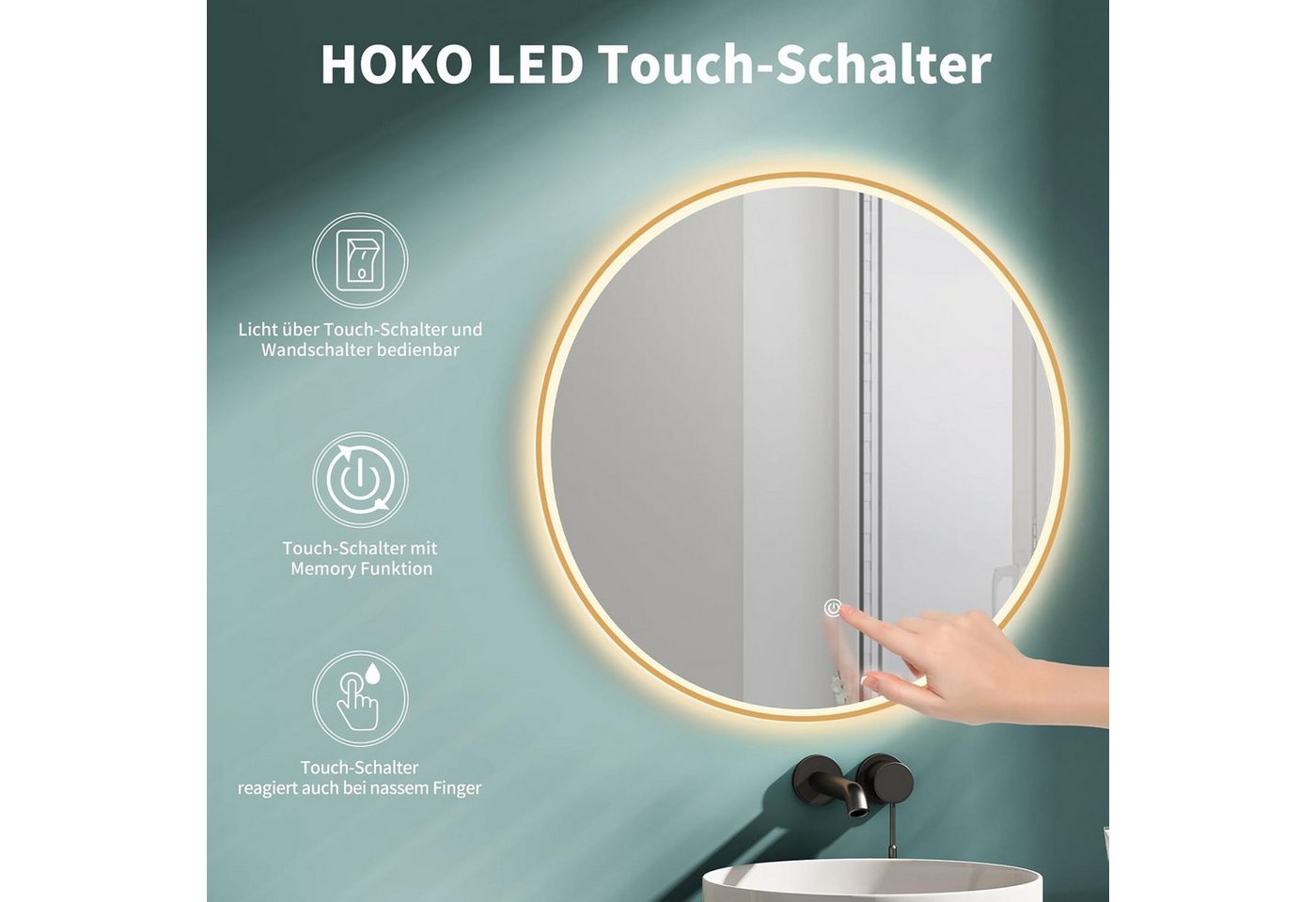 HOKO Badspiegel rund mit LED Beleuchtung und Memory Funktion (60 cm Wandspiegel mit goldenem Aluminiumrahmen, mit Touch-Schalter und stufenlosem Farbwechsel von 2700 bis 6500 K), für Bad, Gäste-WC, Schminktisch, Ankleide und Hotel-Zimmer, IP44, Pisa Bild 3