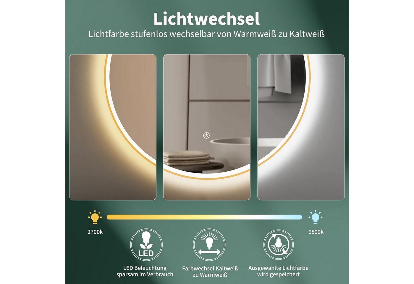 HOKO Badspiegel rund mit LED Beleuchtung und Memory Funktion (60 cm Wandspiegel mit goldenem Aluminiumrahmen, mit Touch-Schalter und stufenlosem Farbwechsel von 2700 bis 6500 K), für Bad, Gäste-WC, Schminktisch, Ankleide und Hotel-Zimmer, IP44, Pisa Bild 4