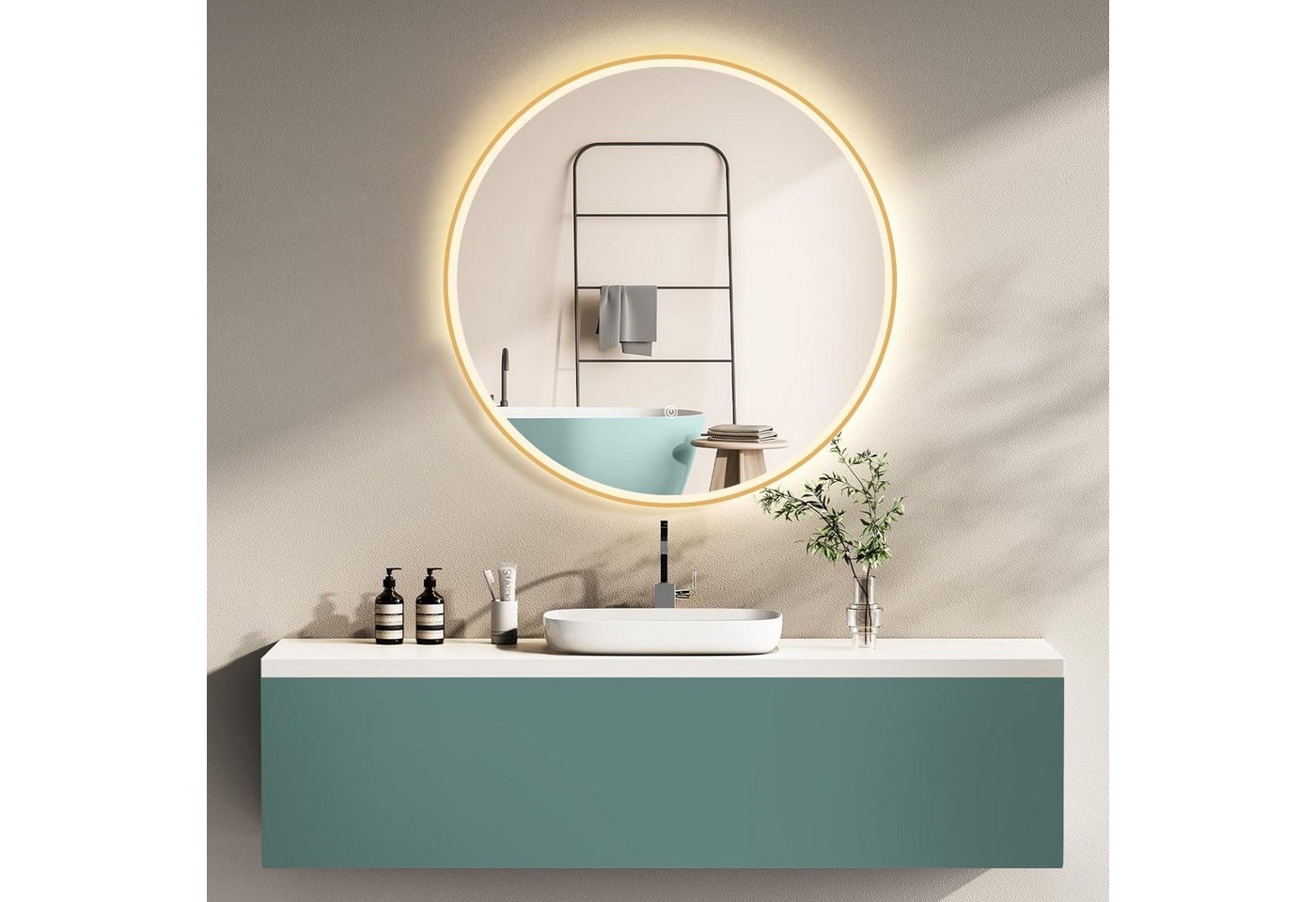 HOKO Badspiegel rund mit LED Beleuchtung und Memory Funktion (60 cm Wandspiegel mit goldenem Aluminiumrahmen, mit Touch-Schalter und stufenlosem Farbwechsel von 2700 bis 6500 K), für Bad, Gäste-WC, Schminktisch, Ankleide und Hotel-Zimmer, IP44, Pisa Bild 5