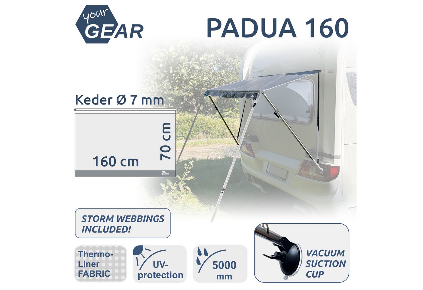 yourGEAR Sonnensegel your GEAR Padua - Fenstermarkise für Wohnwagen 160 x 70 cm, UV 80+
