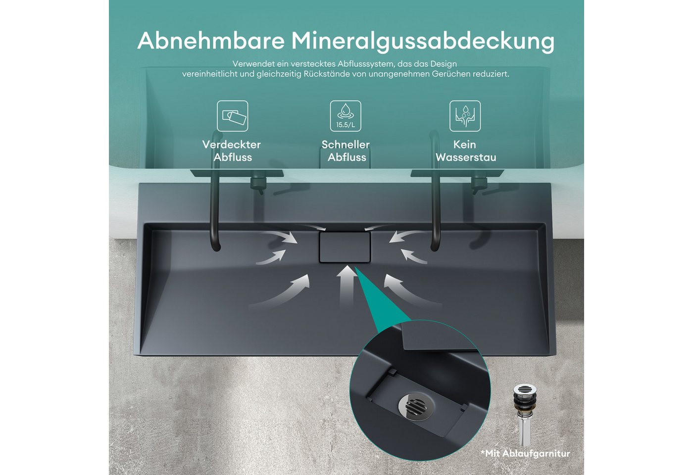Mai & Mai Waschbecken Einbauwaschbecken Hängewaschbecken aus Mineralguss mit Ablaufgarnitur, verdeckter Ablauf, abnehmbare Ablaufabdeckung