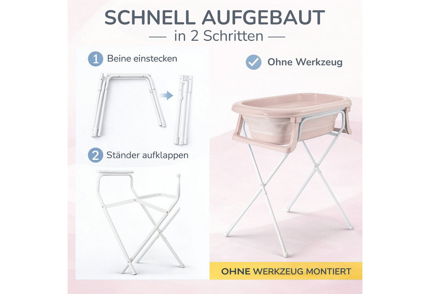 Babykajo Babybadewanne TÜV geprüft, (Set, 4-tlg), Babywanne faltbar mit Ständer, Abflussschlauch und Thermometer