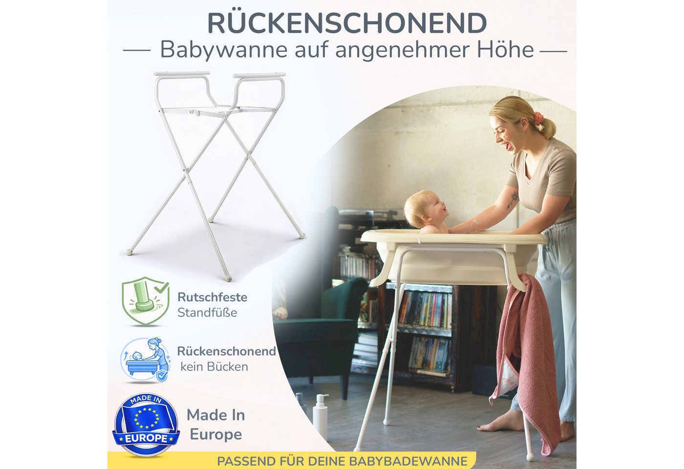 Babykajo Babybadewanne TÜV geprüft, (Set, 4-tlg), Babywanne faltbar mit Ständer, Abflussschlauch und Thermometer Bild 3