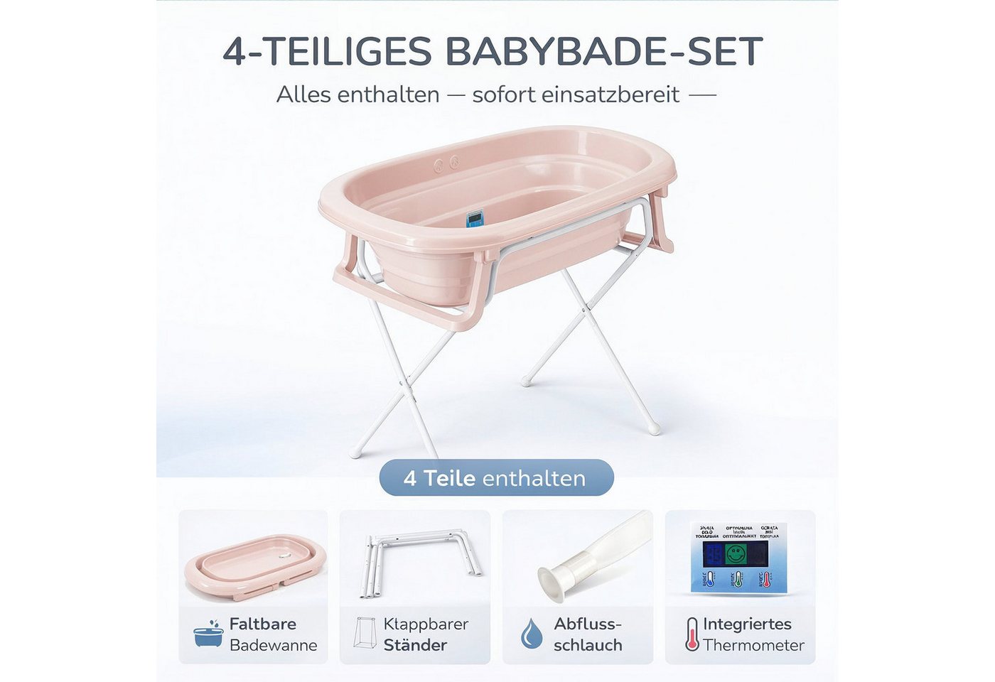 Babykajo Babybadewanne TÜV geprüft, (Set, 4-tlg), Babywanne faltbar mit Ständer, Abflussschlauch und Thermometer Bild 4
