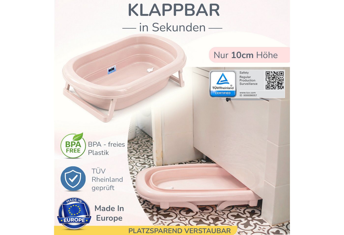 Babykajo Babybadewanne TÜV geprüft, (Set, 4-tlg), Babywanne faltbar mit Ständer, Abflussschlauch und Thermometer Bild 5