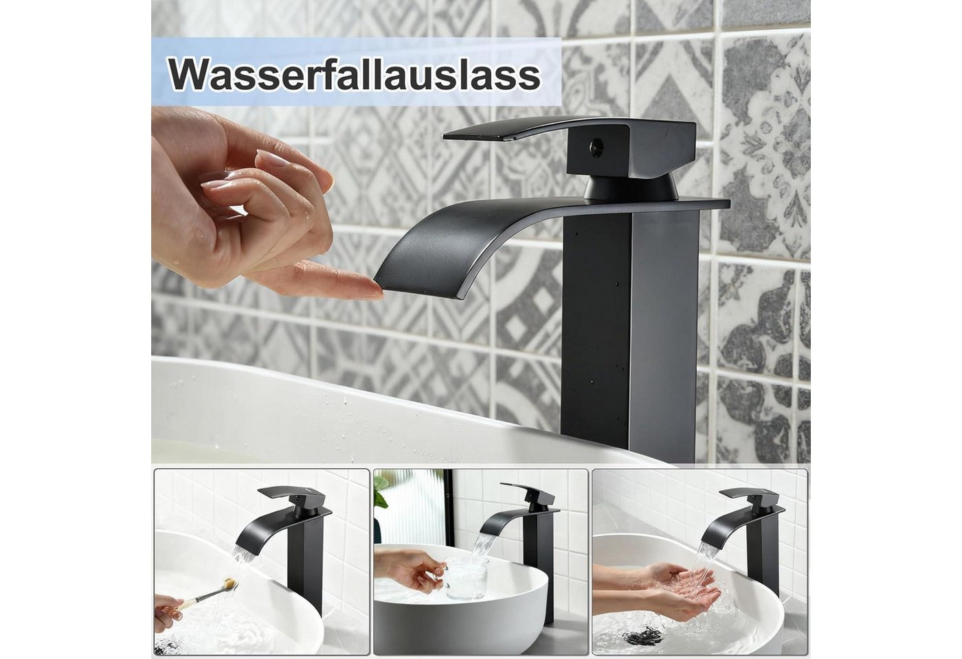 LuxusKollektion Waschtischarmatur Waschtischarmatur Wasserhahn Wasserfall Mischer Bad Schwarz Hoch