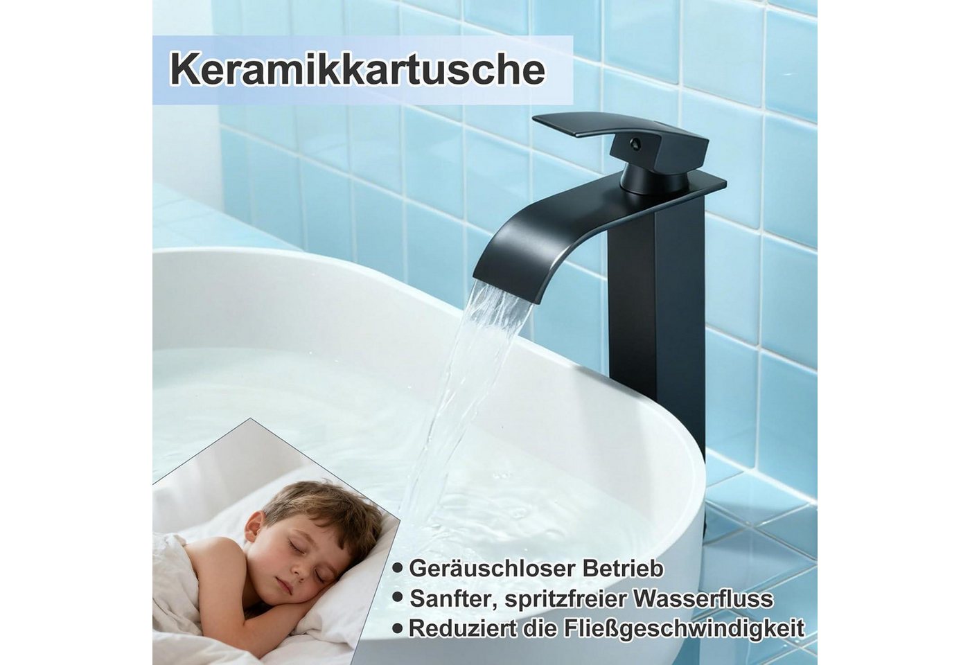 LuxusKollektion Waschtischarmatur Waschtischarmatur Wasserhahn Wasserfall Mischer Bad Schwarz Hoch Bild 5