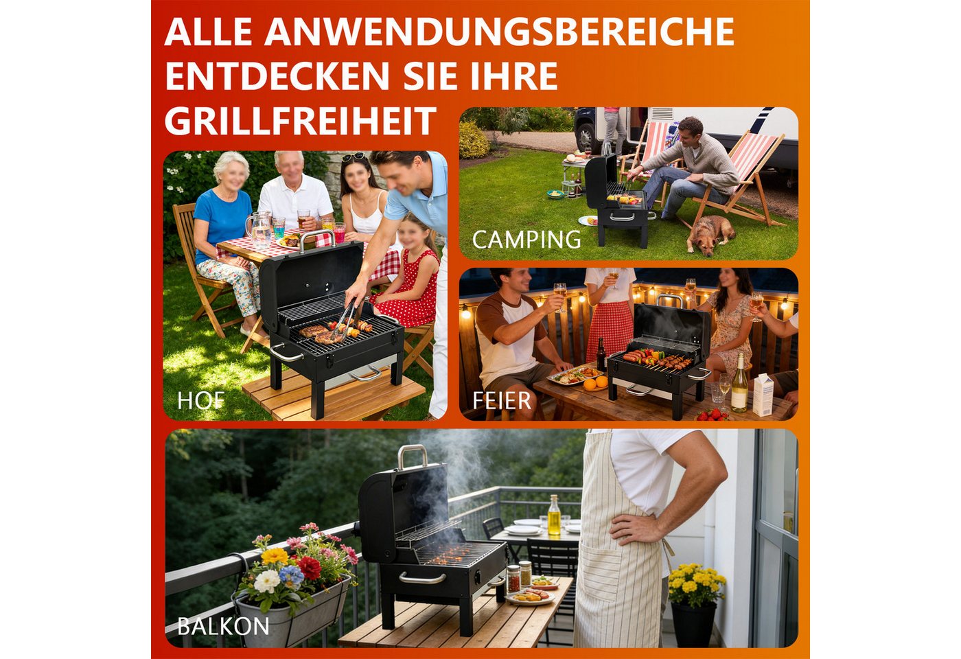 SunJas Holzkohlegrill Faltbarer Holzkohlegrill mit Doppelgrillrost,Deckel und thermometer, Grillfläche: 48 × 32 cm, Grill Holzkohle Tischgrill Campinggrill, für Outdoor-Picknick-Camping Bild 2