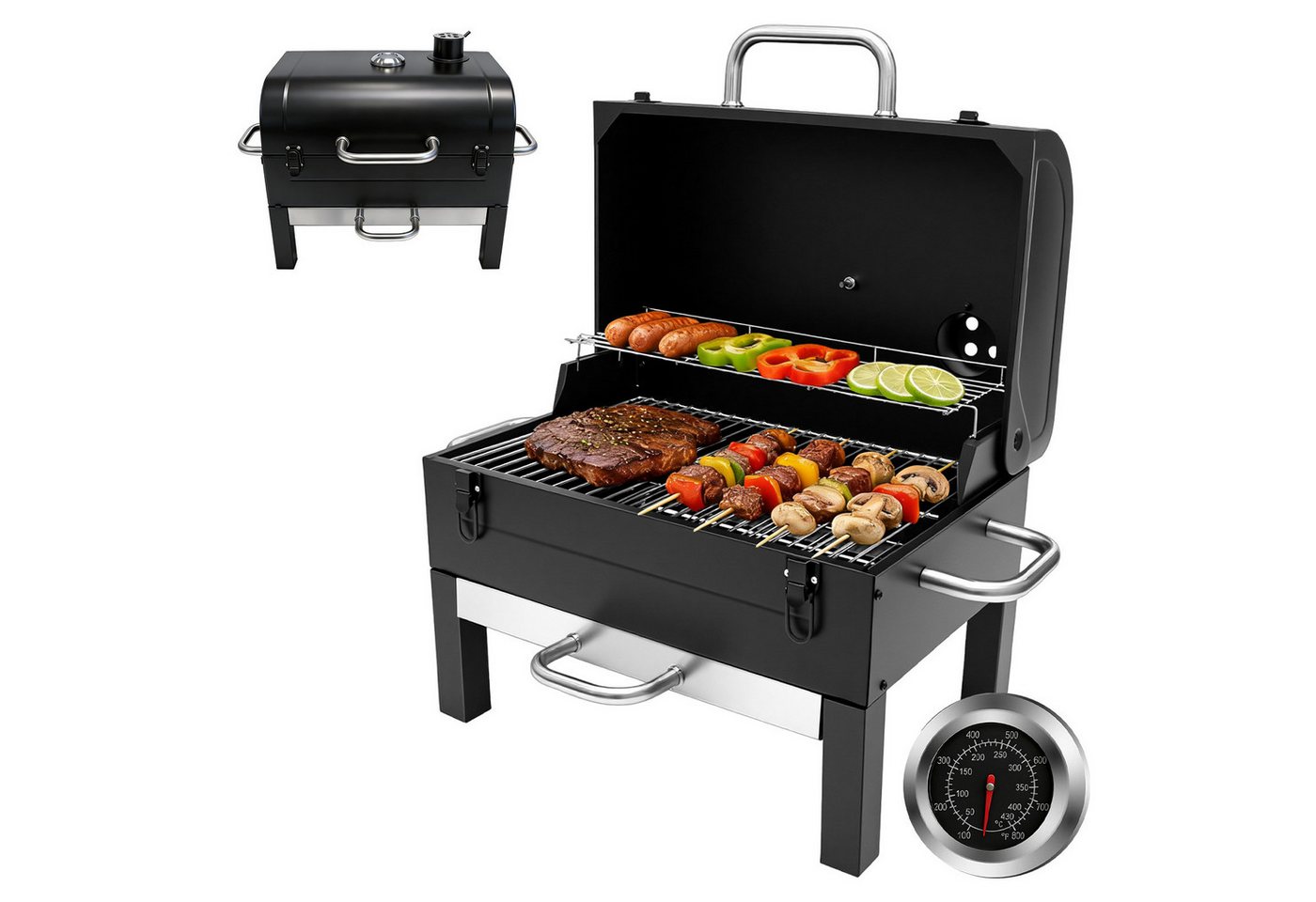 SunJas Holzkohlegrill Faltbarer Holzkohlegrill mit Doppelgrillrost,Deckel und thermometer, Grillfläche: 48 × 32 cm, Grill Holzkohle Tischgrill Campinggrill, für Outdoor-Picknick-Camping Bild 3
