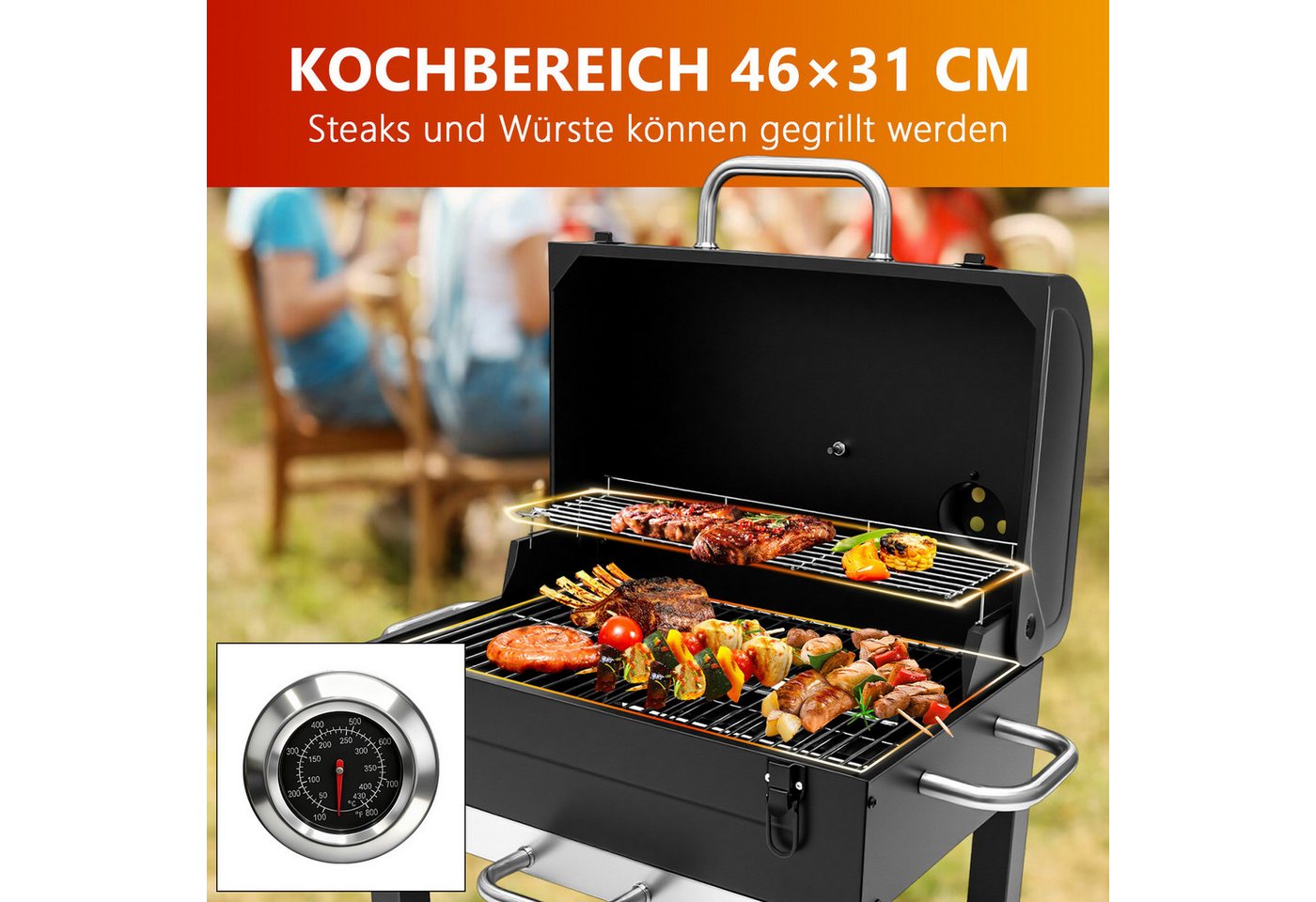 SunJas Holzkohlegrill Faltbarer Holzkohlegrill mit Doppelgrillrost,Deckel und thermometer, Grillfläche: 48 × 32 cm, Grill Holzkohle Tischgrill Campinggrill, für Outdoor-Picknick-Camping Bild 4