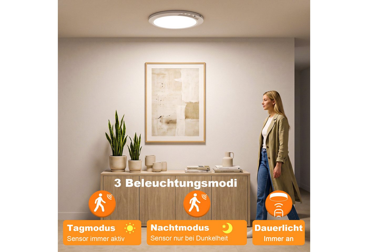 skelo LED Deckenleuchte 19CM Akku Lampe mit Bewegungsmelder 4000mAh, 3CCT Dimmbar & Timer, Wiederaufladbare Deckenleuchte, LED fest integriert, Kaltes Licht, Natürliches Licht, Warmes Licht, 3 Sensor Modus & Magnetische Deckenlampe ohne Bohren für Keller Flur Bild 2