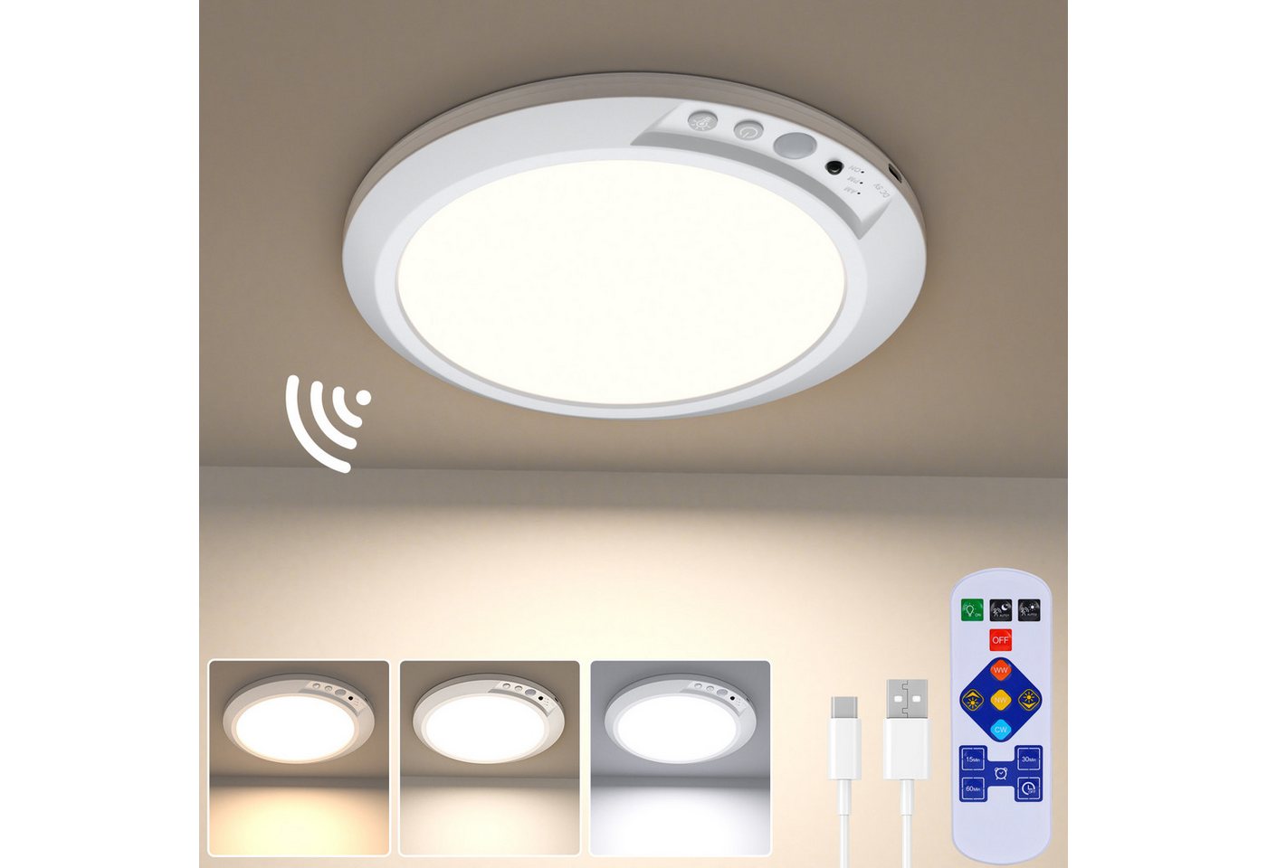 skelo LED Deckenleuchte 19CM Akku Lampe mit Bewegungsmelder 4000mAh, 3CCT Dimmbar & Timer, Wiederaufladbare Deckenleuchte, LED fest integriert, Kaltes Licht, Natürliches Licht, Warmes Licht, 3 Sensor Modus & Magnetische Deckenlampe ohne Bohren für Keller Flur Bild 3