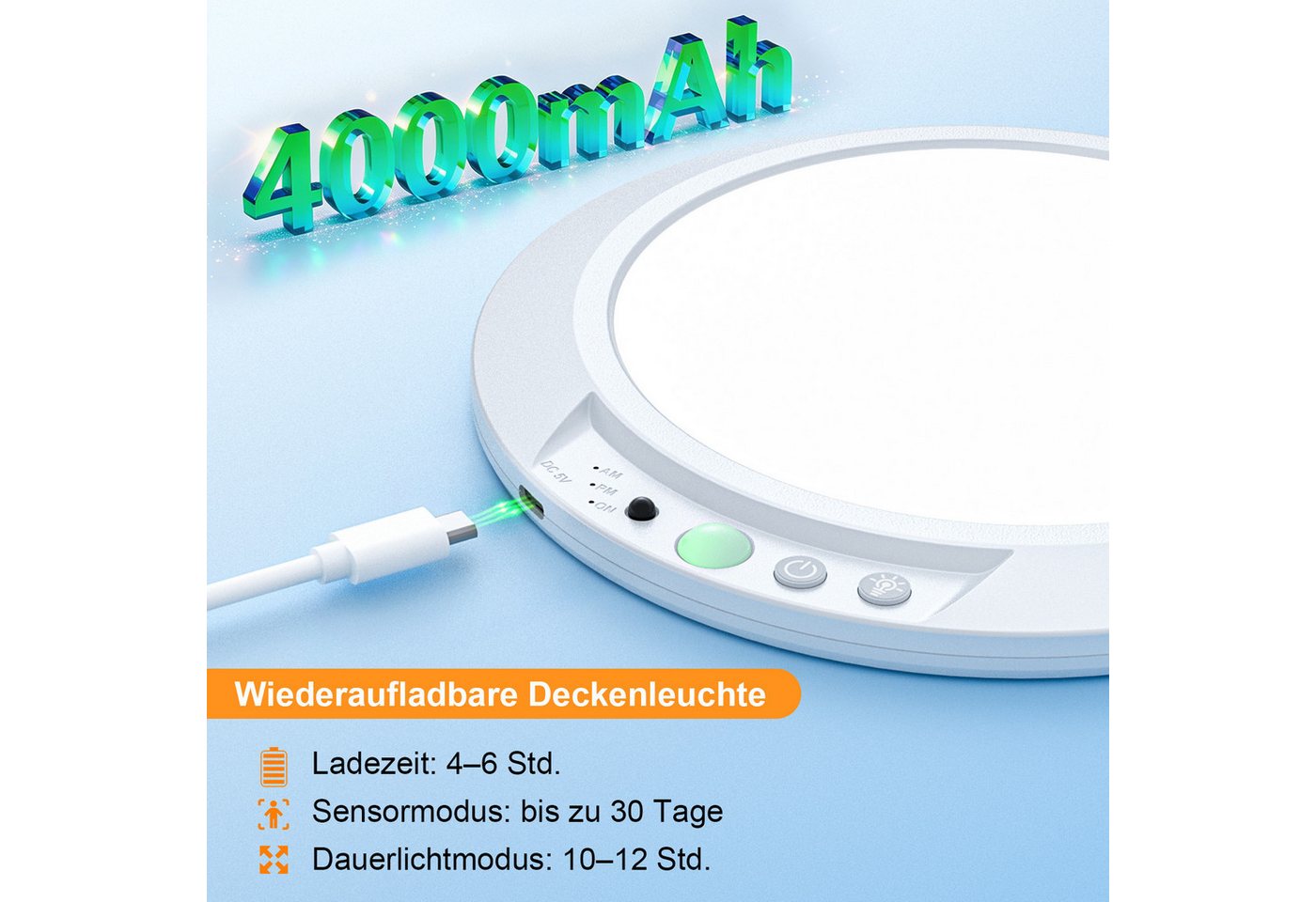 skelo LED Deckenleuchte 19CM Akku Lampe mit Bewegungsmelder 4000mAh, 3CCT Dimmbar & Timer, Wiederaufladbare Deckenleuchte, LED fest integriert, Kaltes Licht, Natürliches Licht, Warmes Licht, 3 Sensor Modus & Magnetische Deckenlampe ohne Bohren für Keller Flur Bild 4