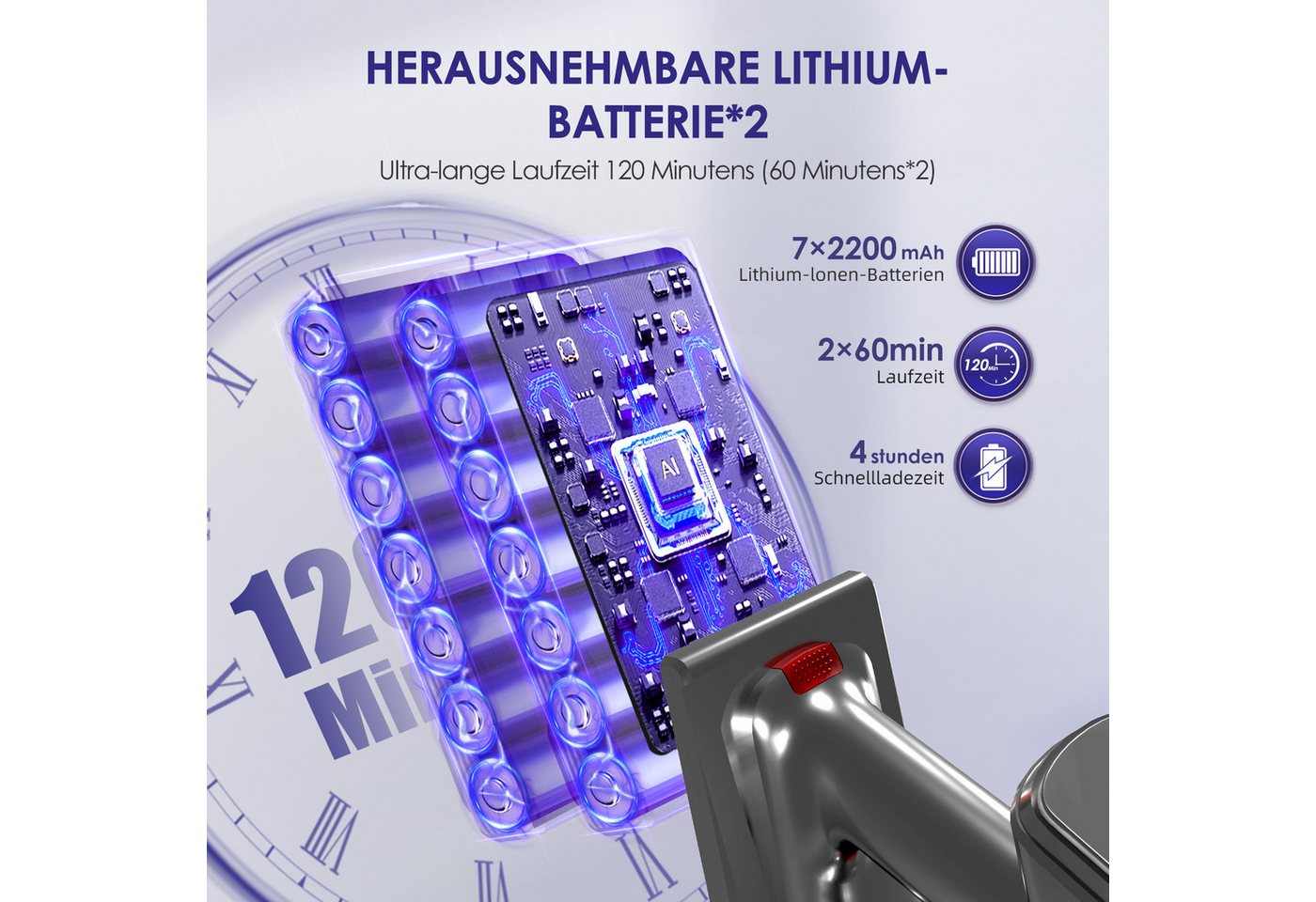 Hiazurm Akku-Hand-und Stielstaubsauger Akku Staubsauger,60000Pa/1.8L/60min 8 in 1 Staubsauger Kabellos, beutellos, Mit LED Display,2 Saugstufen,Akkusauger,Für Böden,Teppich,Tierhaare Bild 4
