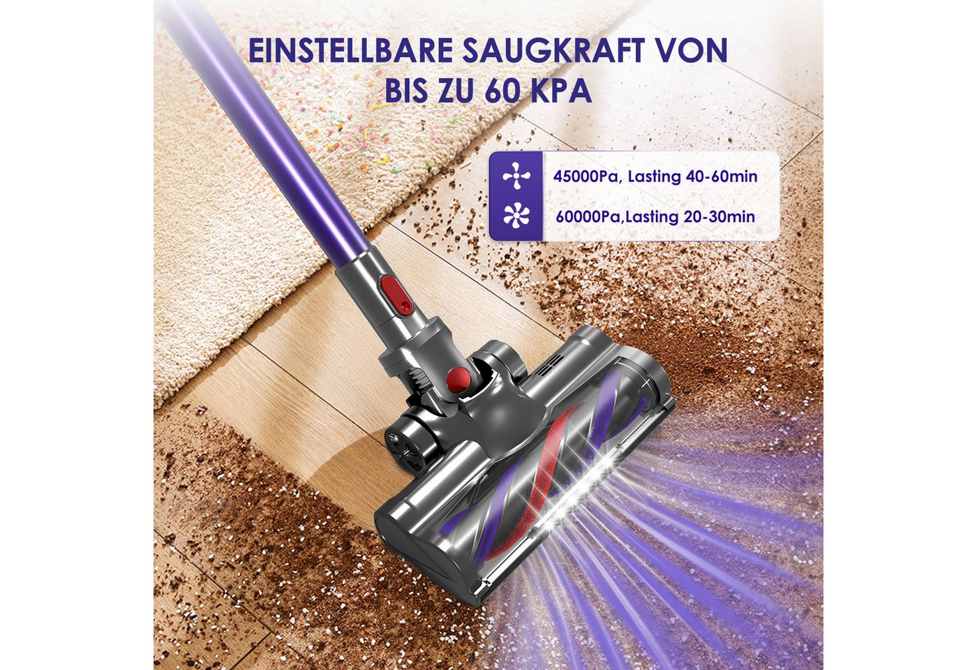 Hiazurm Akku-Hand-und Stielstaubsauger Akku Staubsauger,60000Pa/1.8L/60min 8 in 1 Staubsauger Kabellos, beutellos, Mit LED Display,2 Saugstufen,Akkusauger,Für Böden,Teppich,Tierhaare Bild 5