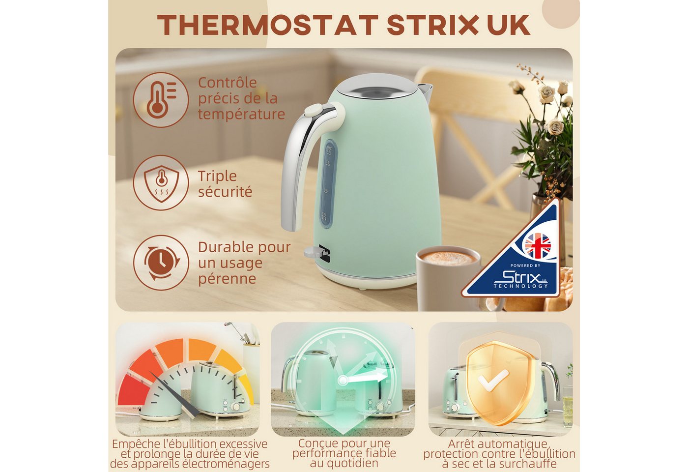 ibettertec Toaster Wasserkocher & Toaster Set 2-Schnitt Weiß 1,7L 2200W, Strix Thermostat, 7 Bräunungsstufen, Auftaufunktion