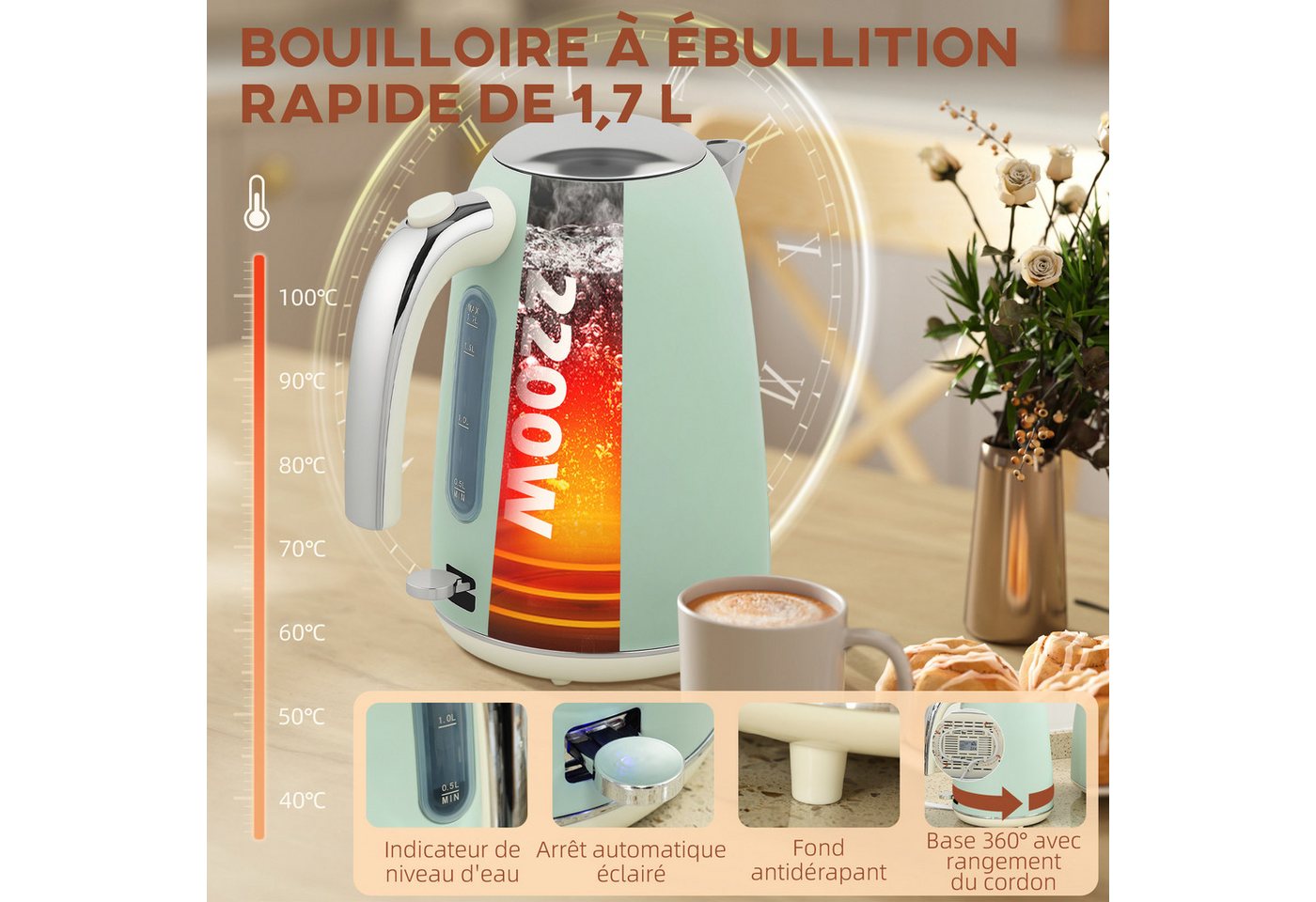 ibettertec Toaster Wasserkocher & Toaster Set 2-Schnitt Weiß 1,7L 2200W, Strix Thermostat, 7 Bräunungsstufen, Auftaufunktion Bild 4
