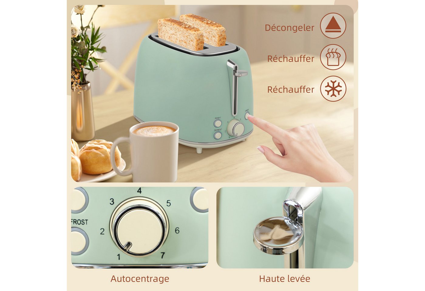ibettertec Toaster Wasserkocher & Toaster Set 2-Schnitt Weiß 1,7L 2200W, Strix Thermostat, 7 Bräunungsstufen, Auftaufunktion Bild 5