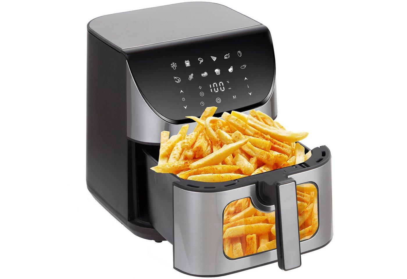 Vankel Heißluftfritteuse 8,5 L XXL Airfryer mit Sichtfenster, 12 Programmen, LED-Touchdisplay, 1800 W, 80–200 °C und 60-Minuten-Timer, 1800 W, Fettarm frittieren, backen, grillen und rösten – mit Timer und Zubehör