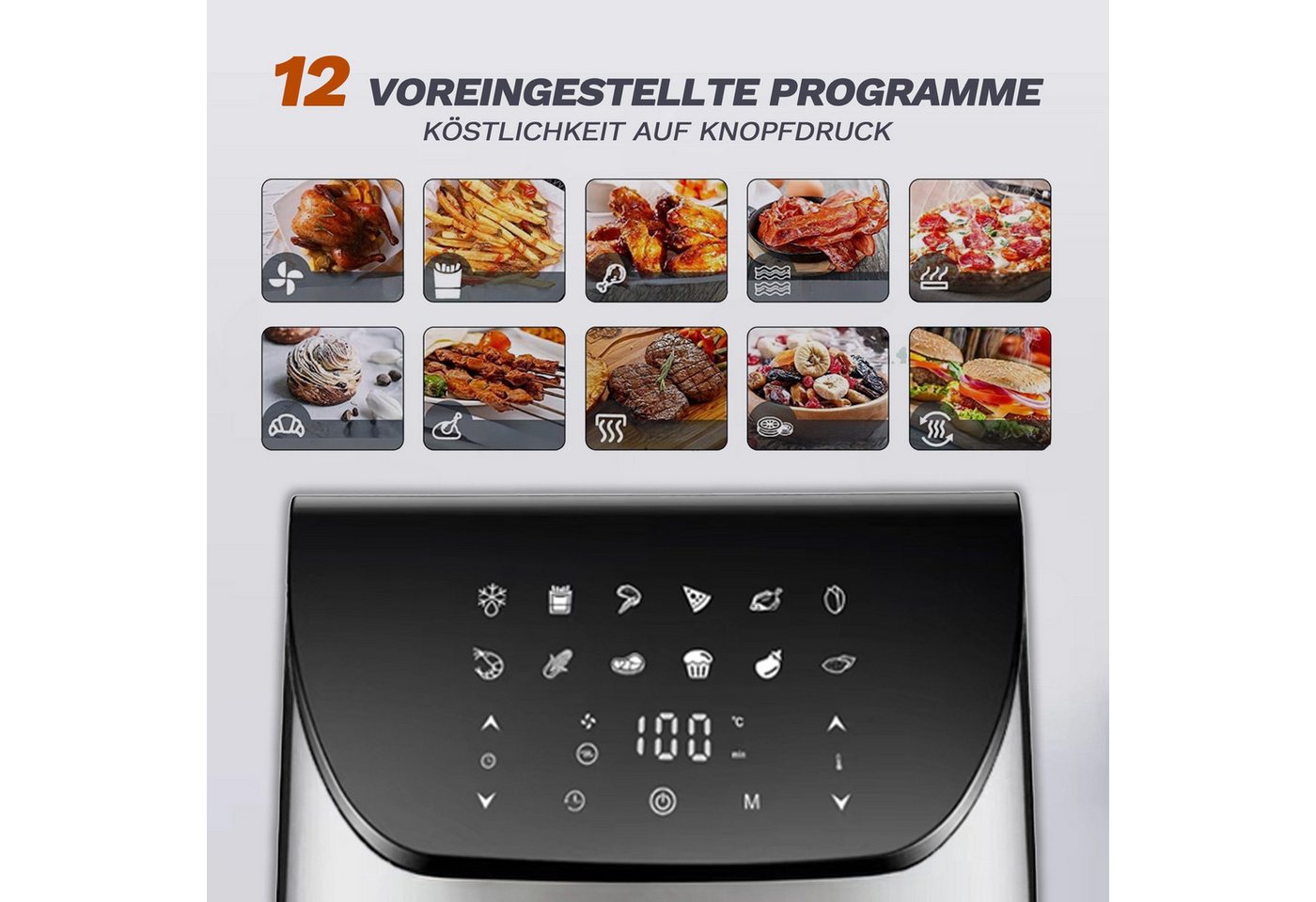Vankel Heißluftfritteuse 8,5 L XXL Airfryer mit Sichtfenster, 12 Programmen, LED-Touchdisplay, 1800 W, 80–200 °C und 60-Minuten-Timer, 1800 W, Fettarm frittieren, backen, grillen und rösten – mit Timer und Zubehör Bild 2