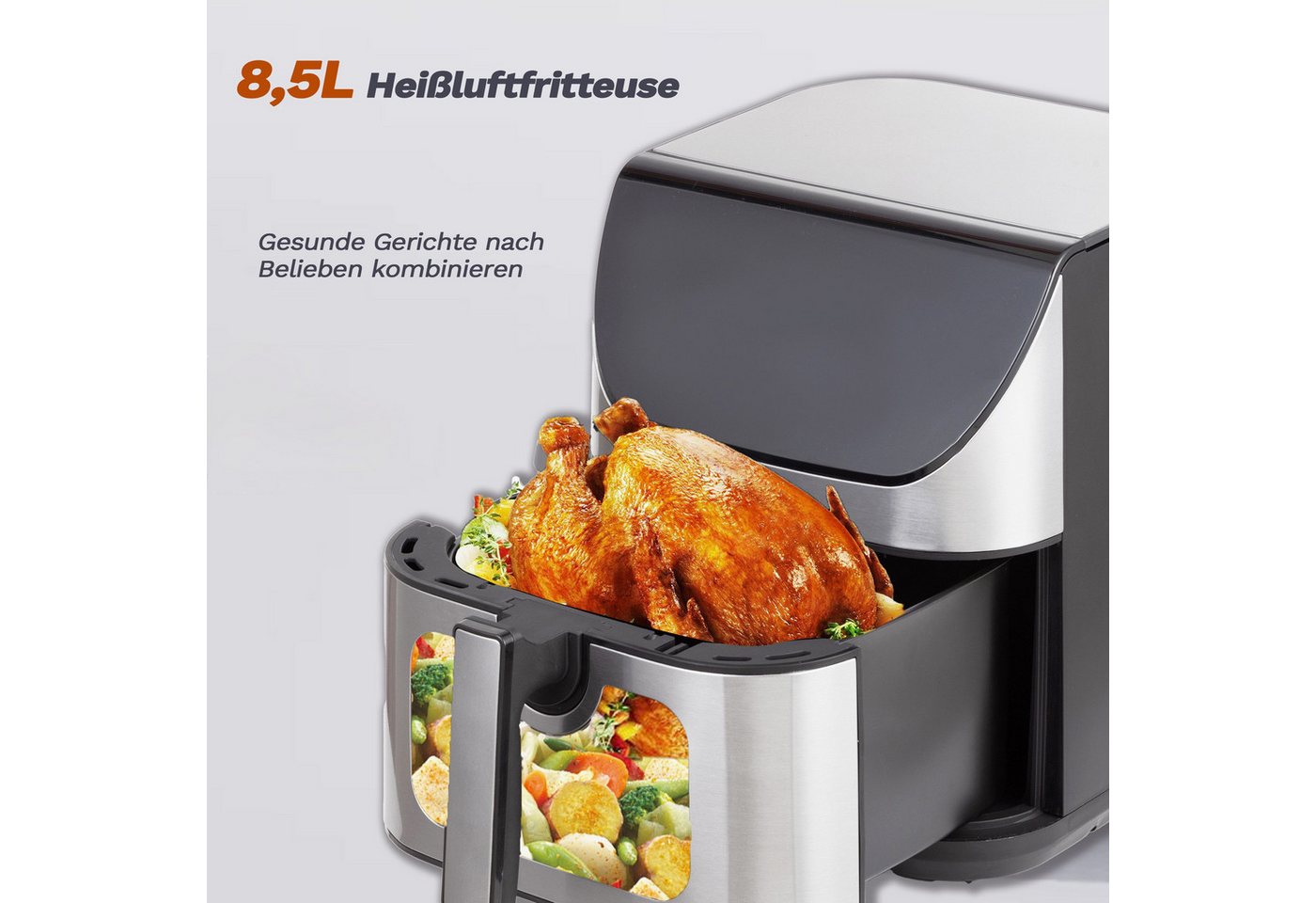 Vankel Heißluftfritteuse 8,5 L XXL Airfryer mit Sichtfenster, 12 Programmen, LED-Touchdisplay, 1800 W, 80–200 °C und 60-Minuten-Timer, 1800 W, Fettarm frittieren, backen, grillen und rösten – mit Timer und Zubehör Bild 5