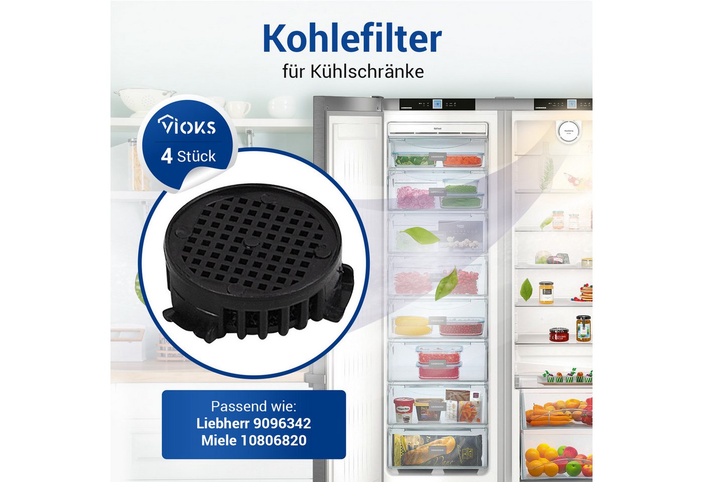 VIOKS Kohlefilter Ersatz für Liebherr 9096342 Luftfilter, Zubehör für Kühlschrank, Aktivkohlefilter 45mmØ